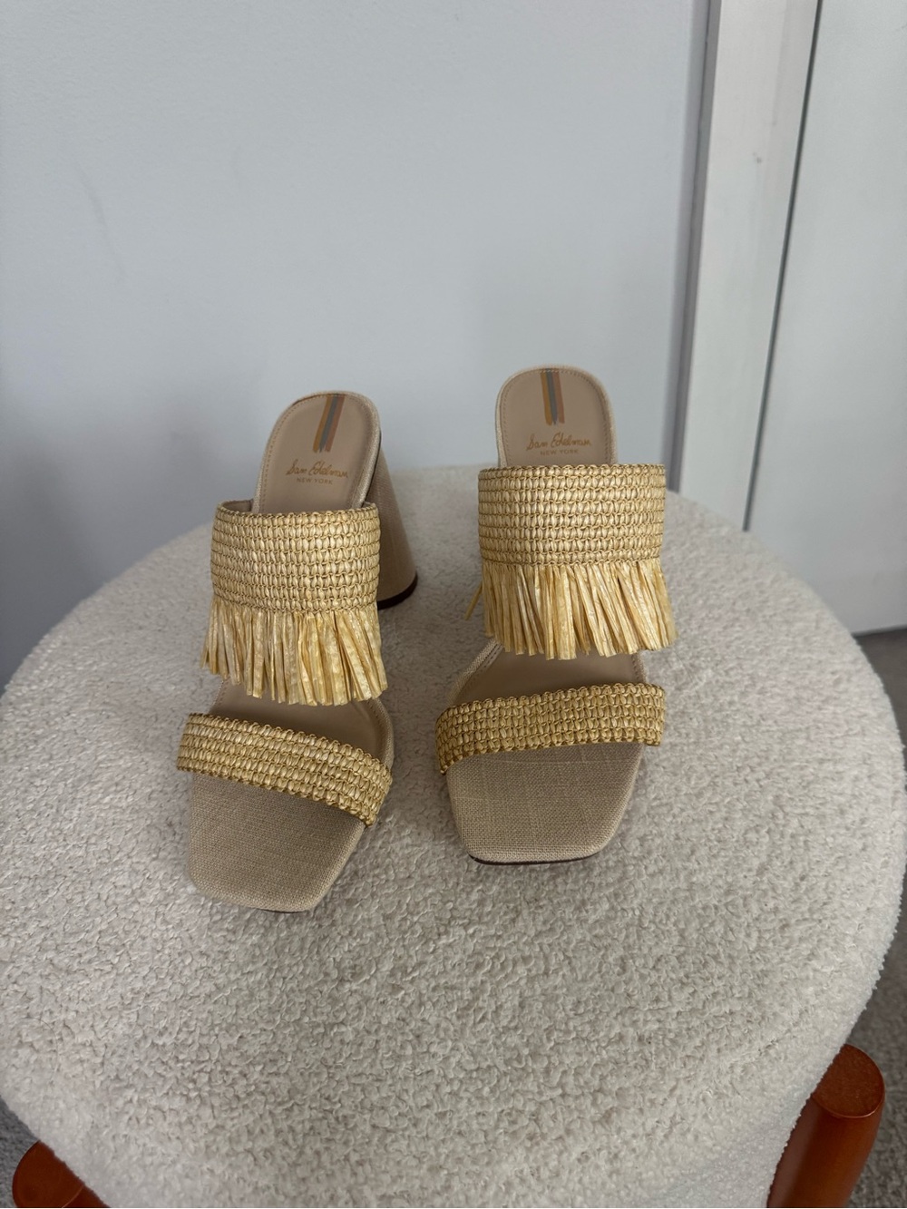 Sam Edelman Raffia Fringe Two-Band Slide Sandals - Yellow